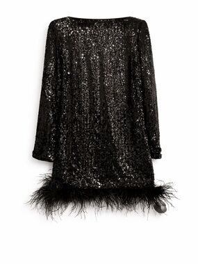 Black Sequin Dress with Feather Trim
